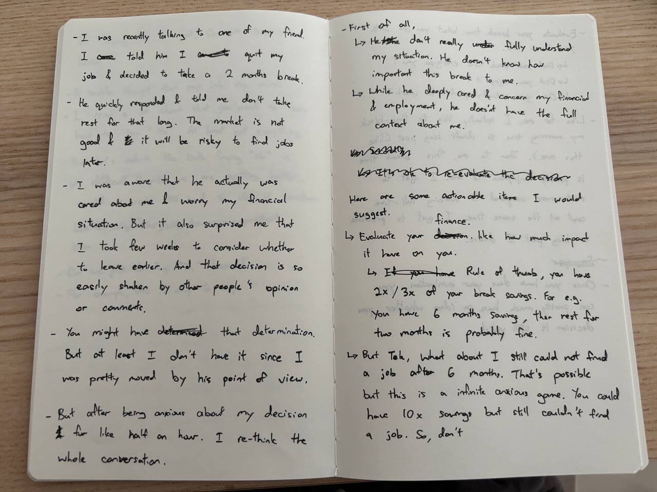 The raw notebook draft that started this post — two pages of crossed-out thoughts, working through whether rest is allowed.