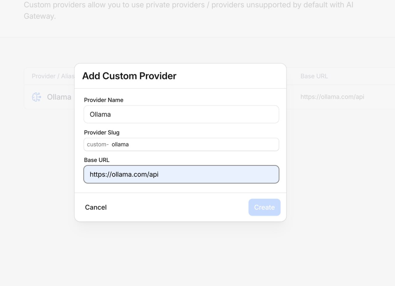 Cloudflare AI Gateway - Add Custom Provider dialog showing Provider Name, Provider Slug, and Base URL fields