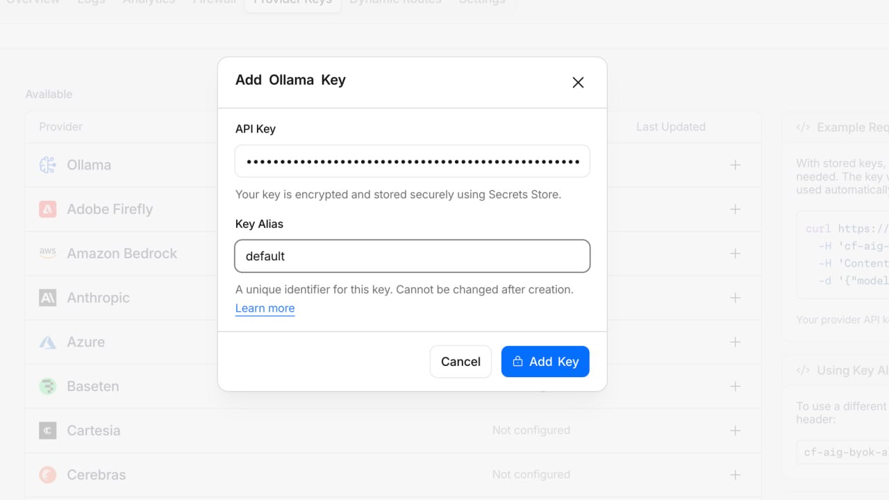 Add Ollama Key modal in Cloudflare AI Gateway showing an API key input field and a Key Alias field set to default