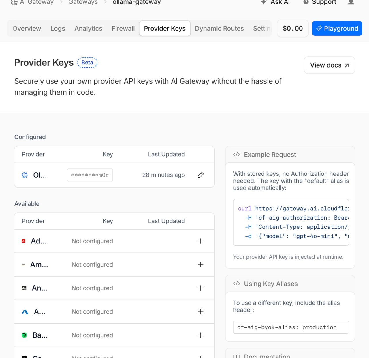 Cloudflare AI Gateway Provider Keys tab showing Ollama configured with a masked API key and a list of other available providers