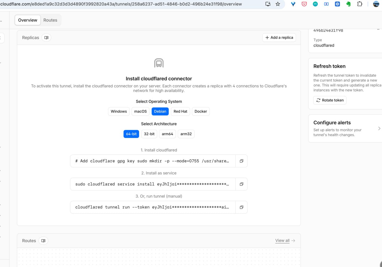 Cloudflare Zero Trust dashboard showing the Debian cloudflared connector install steps and service token.