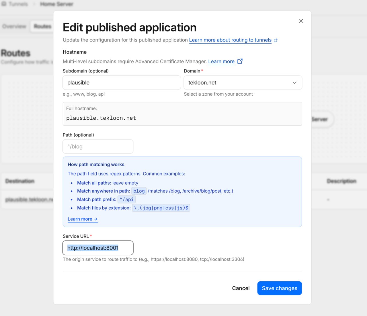 Cloudflare Edit published application modal showing the hostname and service URL configuration for the Plausible tunnel.