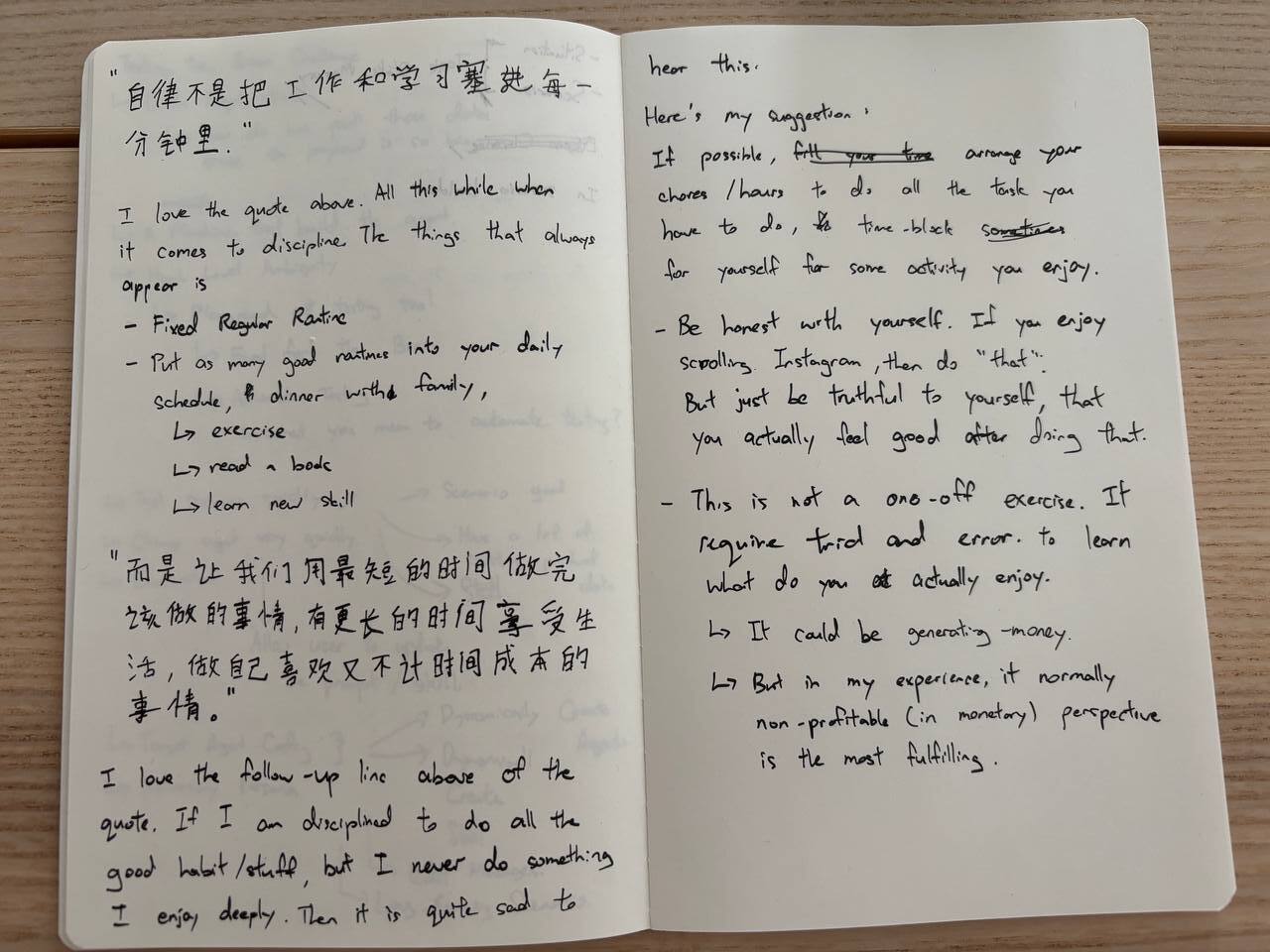 My handwritten notes exploring the true meaning of discipline — scribbled in a notebook after coming across a quote that stopped me in my tracks.