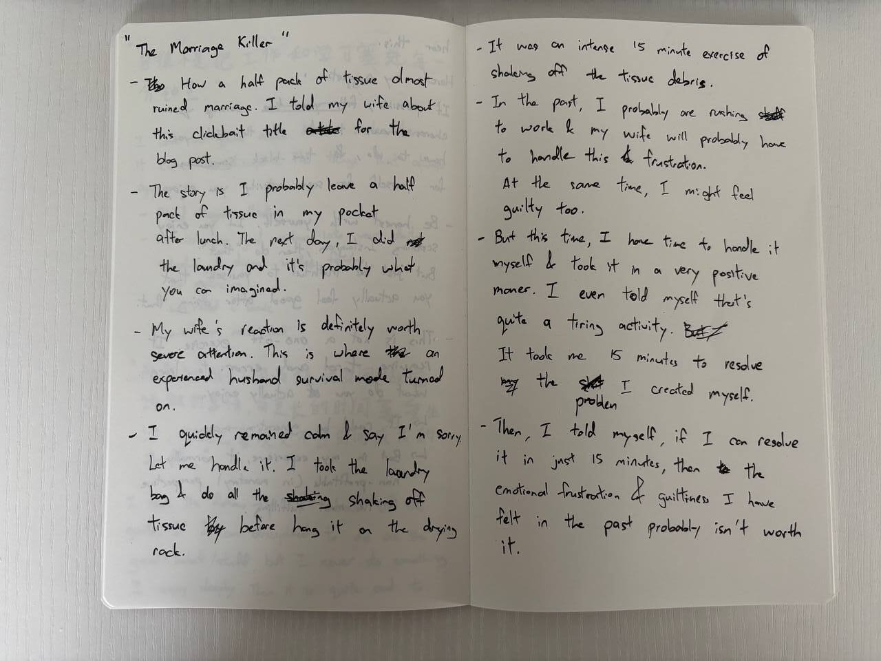 My original handwritten draft for this post — scribbled in a notebook after surviving the tissue incident.